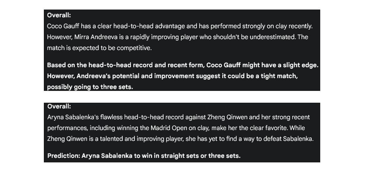 Gemini AI predictions for the Italian Open 2025 women's quarterfinals.
